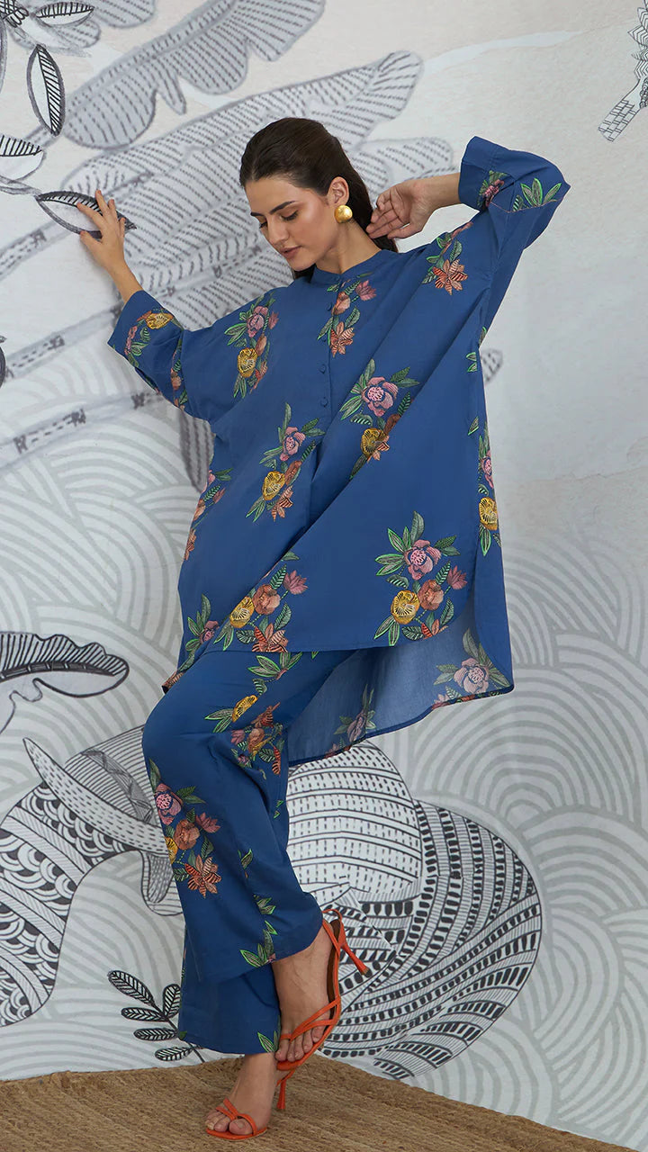 Blue Flower Kimono Tunic With Blue Flower Pants