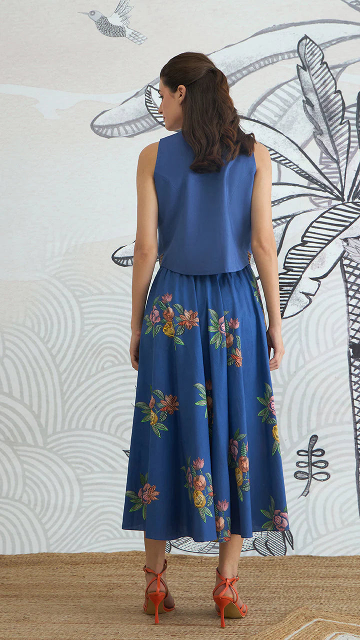 Blue Emb Waistcoat Top and Blue Flower Skirt