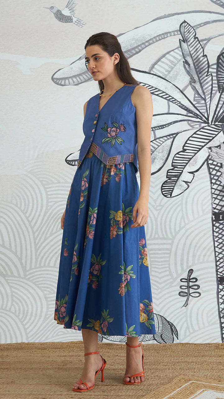 Blue Emb Waistcoat Top and Blue Flower Skirt