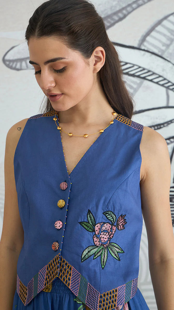 Blue Emb Waistcoat Top and Blue Flower Skirt