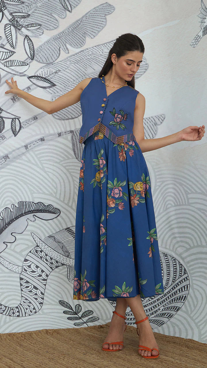 Blue Emb Waistcoat Top and Blue Flower Skirt