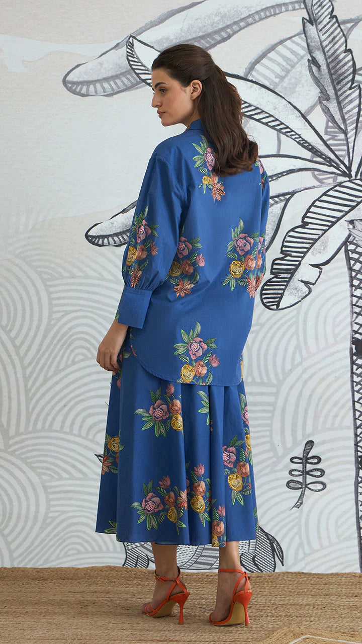 Blue Flower Big Collar Shirt With Blue Flower Skirt