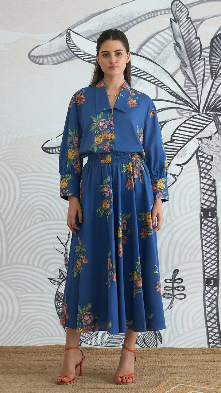 Blue Flower Big Collar Shirt With Blue Flower Skirt