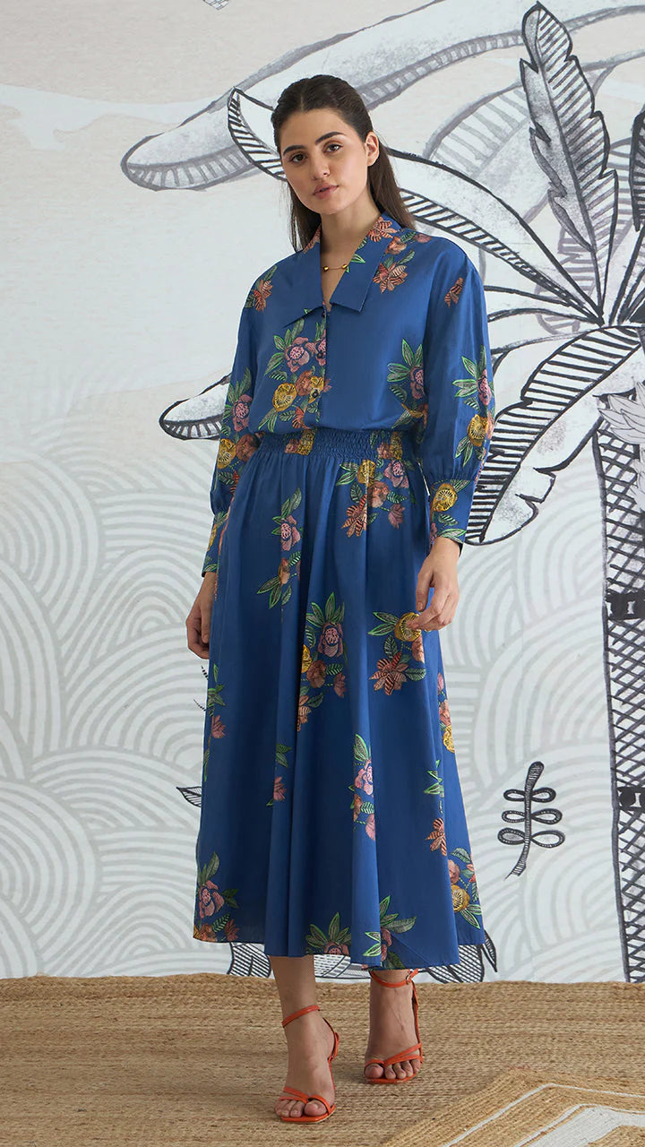 Blue Flower Big Collar Shirt With Blue Flower Skirt