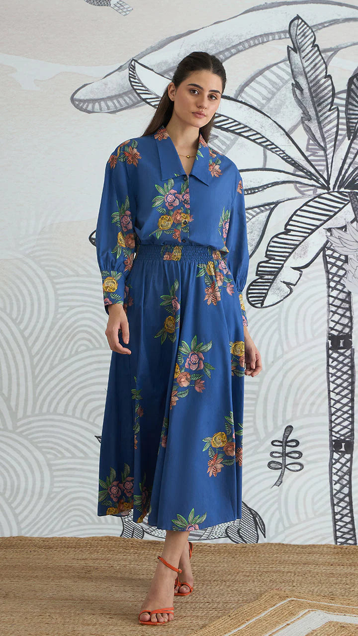 Blue Flower Big Collar Shirt With Blue Flower Skirt