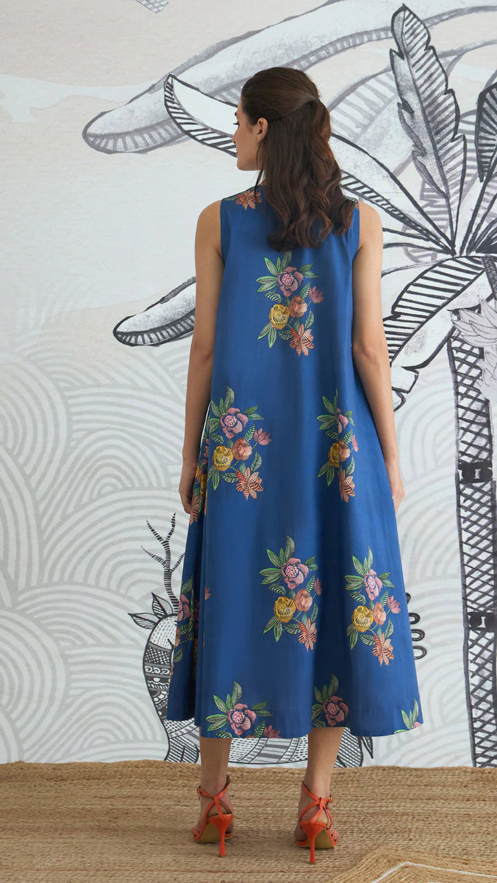 Blue Flower V-neck Long Dress