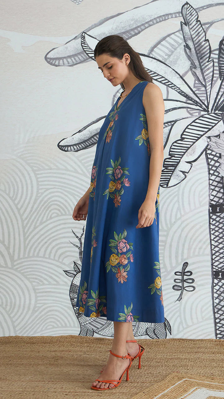 Blue Flower V-neck Long Dress