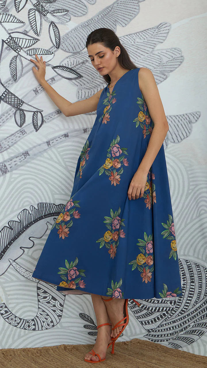 Blue Flower V-neck Long Dress