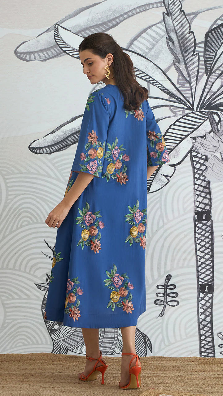 Blue Flower V-neck Long Dress With Sleeves