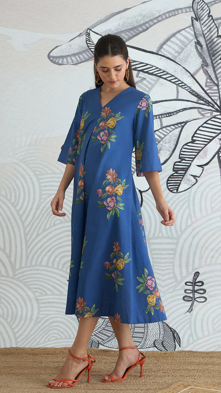 Blue Flower V-neck Long Dress With Sleeves