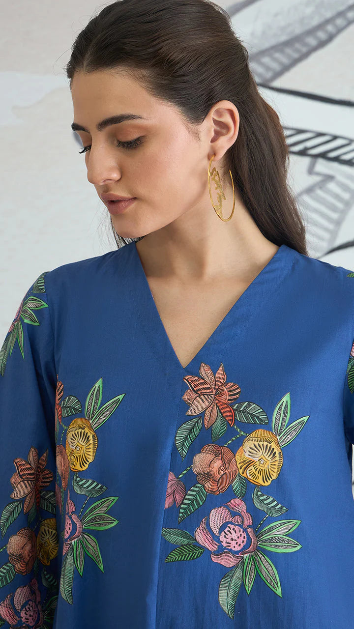Blue Flower V-neck Long Dress With Sleeves