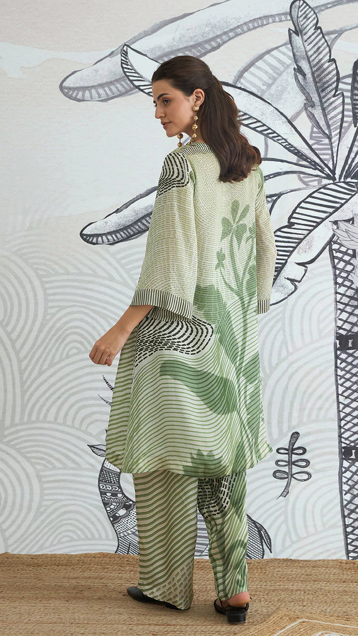 Green Texture High Low Tunic With Pants