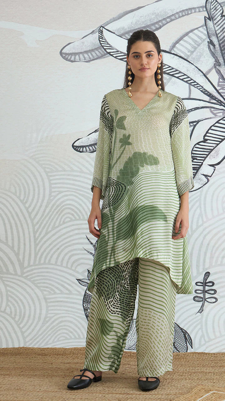 Green Texture High Low Tunic With Pants