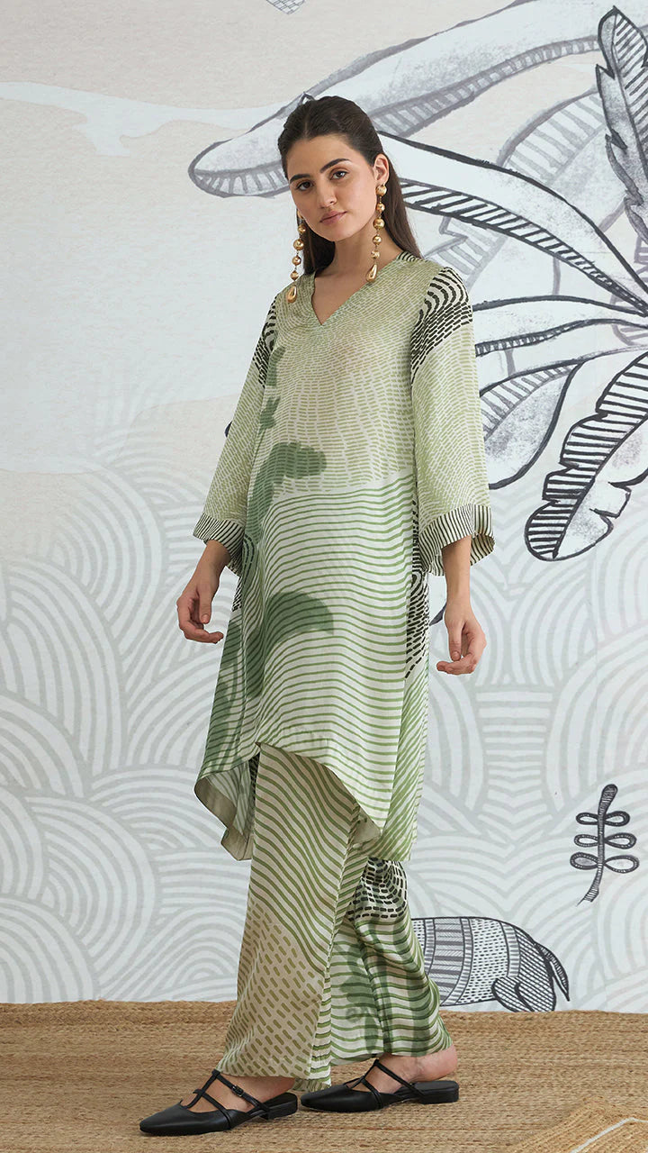 Green Texture High Low Tunic With Pants