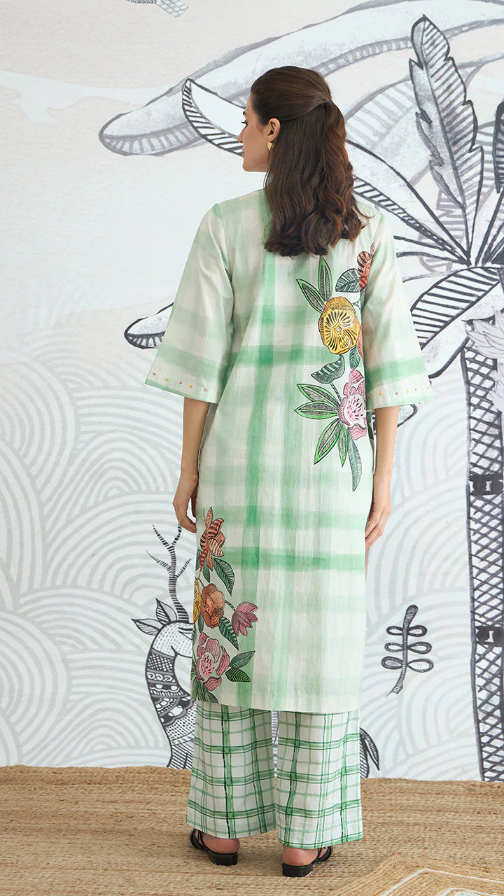 Green Check Flower Placement Kurta With Green Check Pants