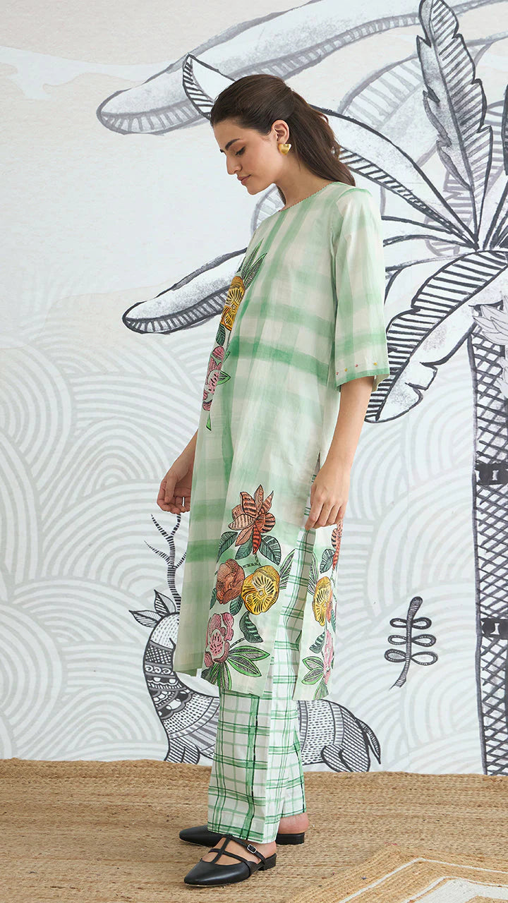 Green Check Flower Placement Kurta With Green Check Pants