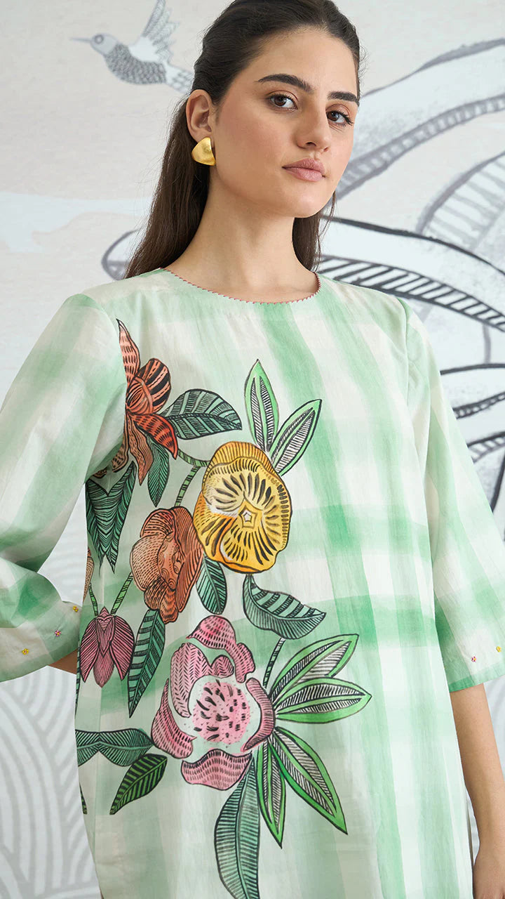 Green Check Flower Placement Kurta With Green Check Pants