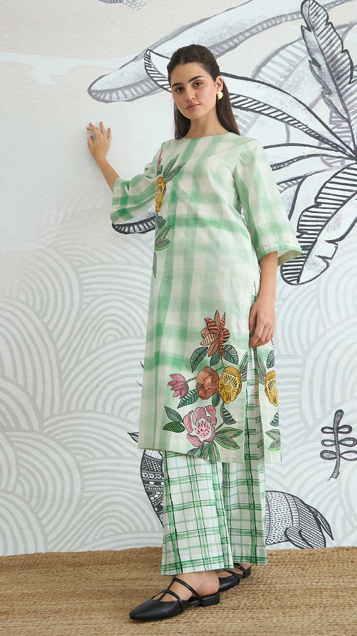 Green Check Flower Placement Kurta With Green Check Pants