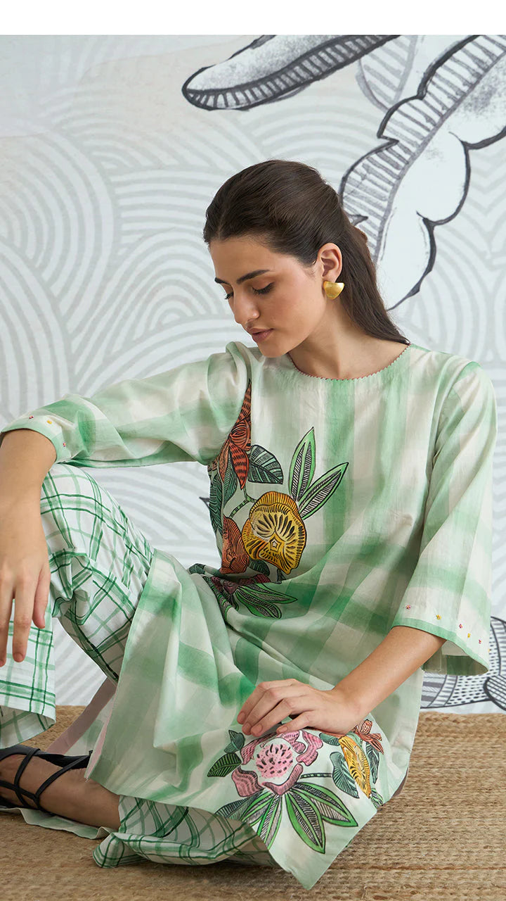 Green Check Flower Placement Kurta With Green Check Pants