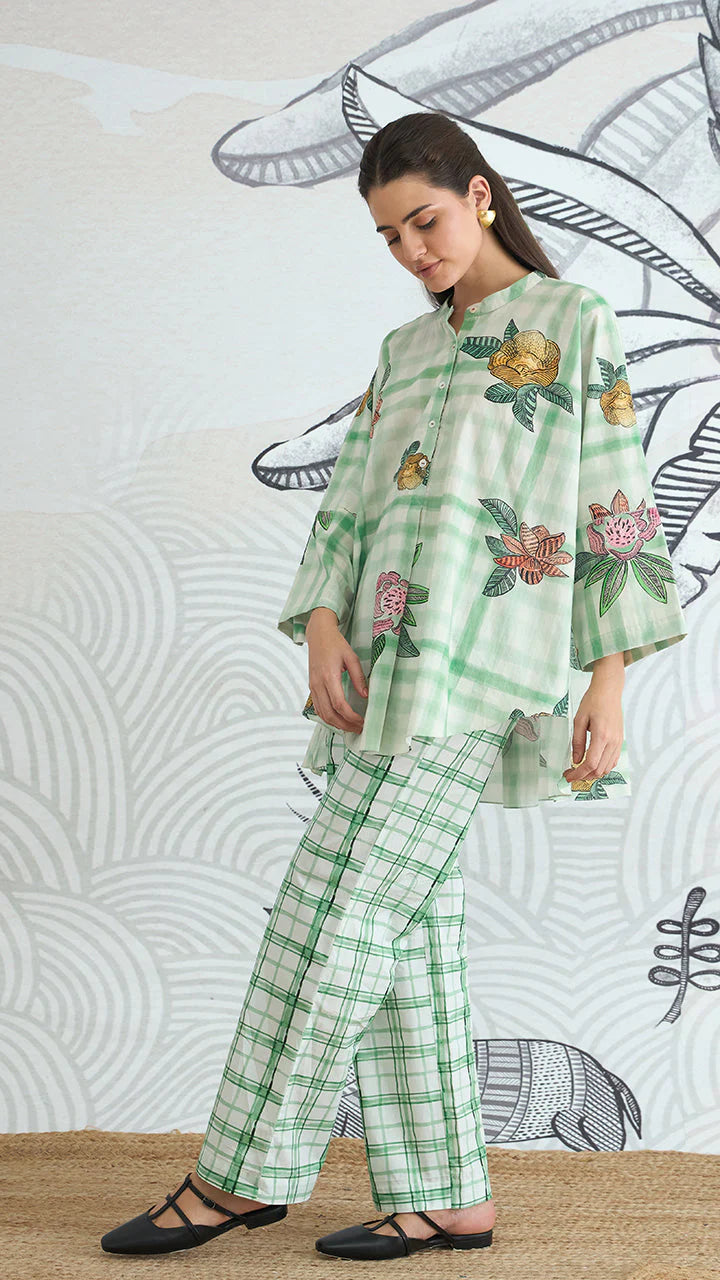 Green Check Flower Namah Tunic With Green Check Pants