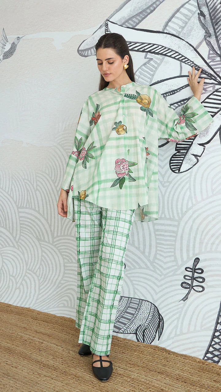 Green Check Flower Namah Tunic With Green Check Pants