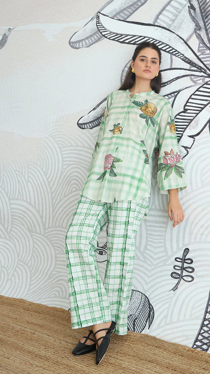 Green Check Flower Namah Tunic With Green Check Pants