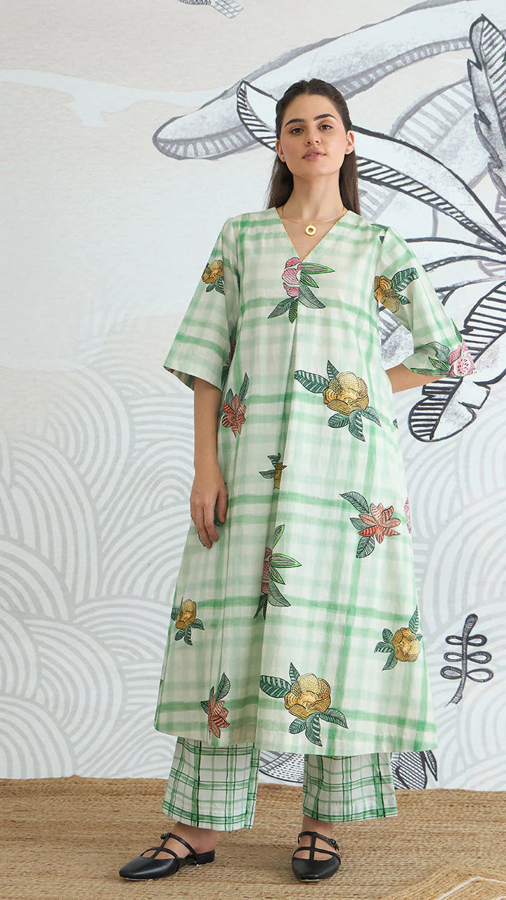 Green Check Flower All Over a-line Kurta and Pants