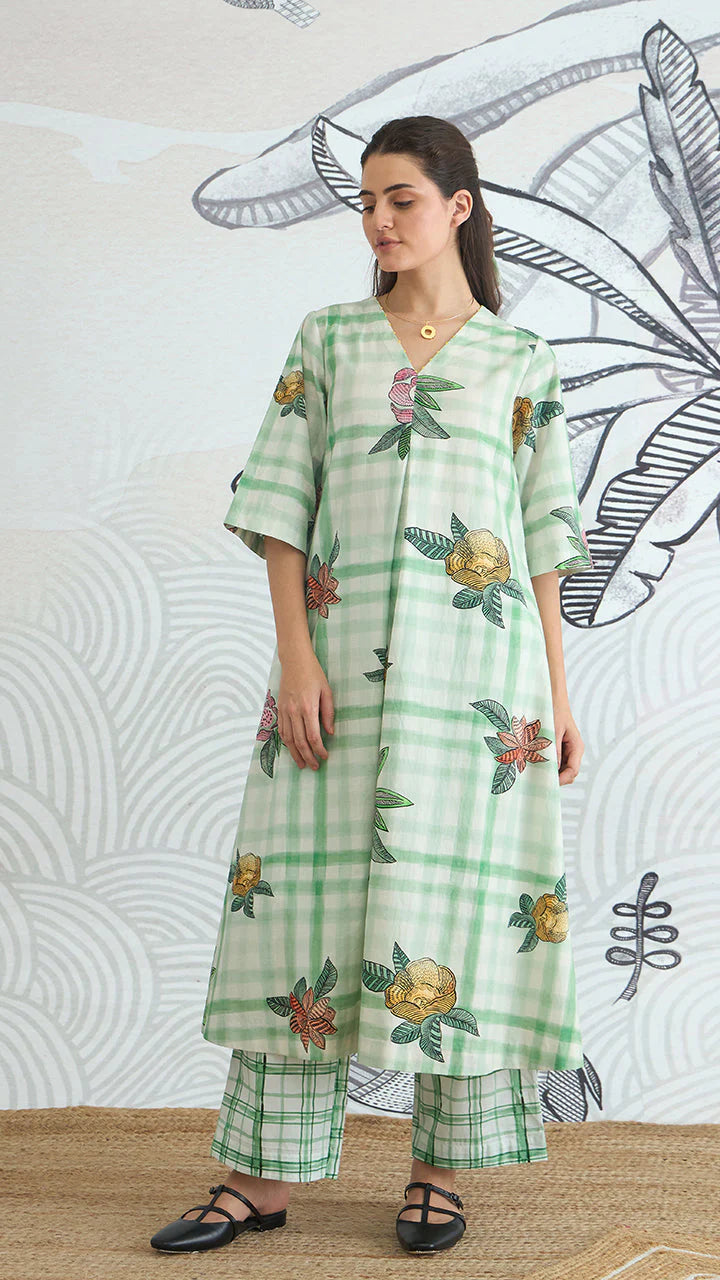 Green Check Flower All Over a-line Kurta and Pants
