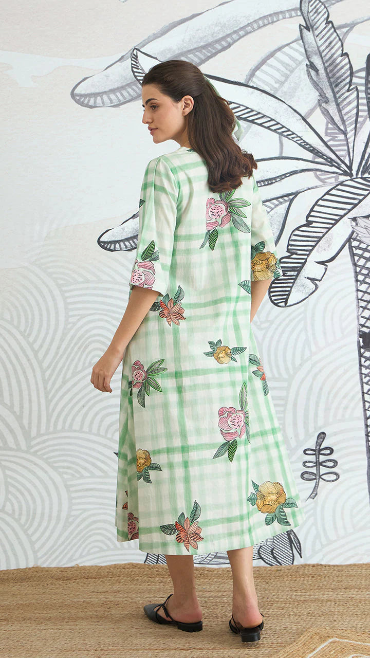 Green Check V-neck Long Dress With Sleeves
