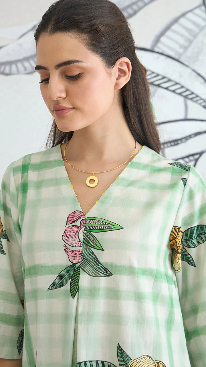 Green Check V-neck Long Dress With Sleeves