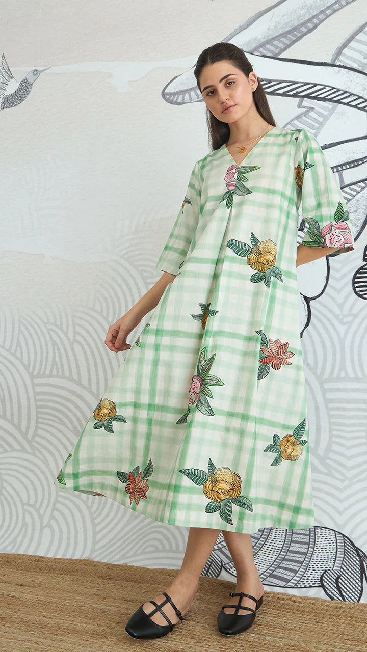 Green Check V-neck Long Dress With Sleeves