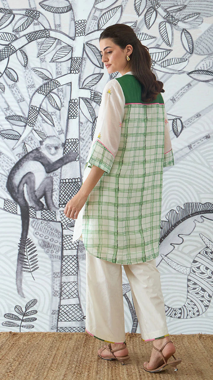 Green Check Embroidery Short Tunic and Pants