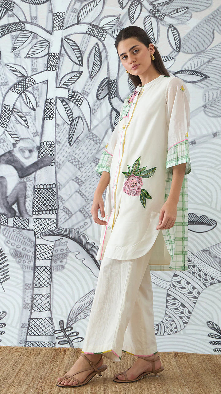 Green Check Embroidery Short Tunic and Pants