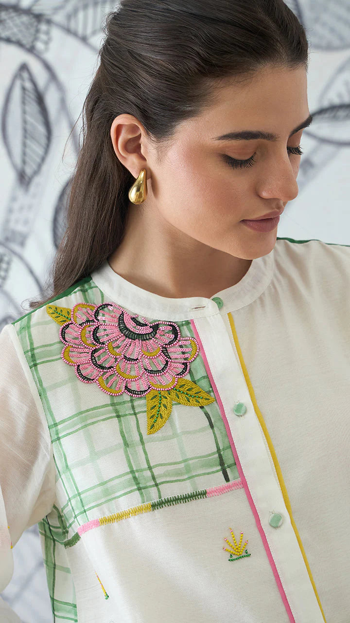 Green Check Embroidery Short Tunic and Pants
