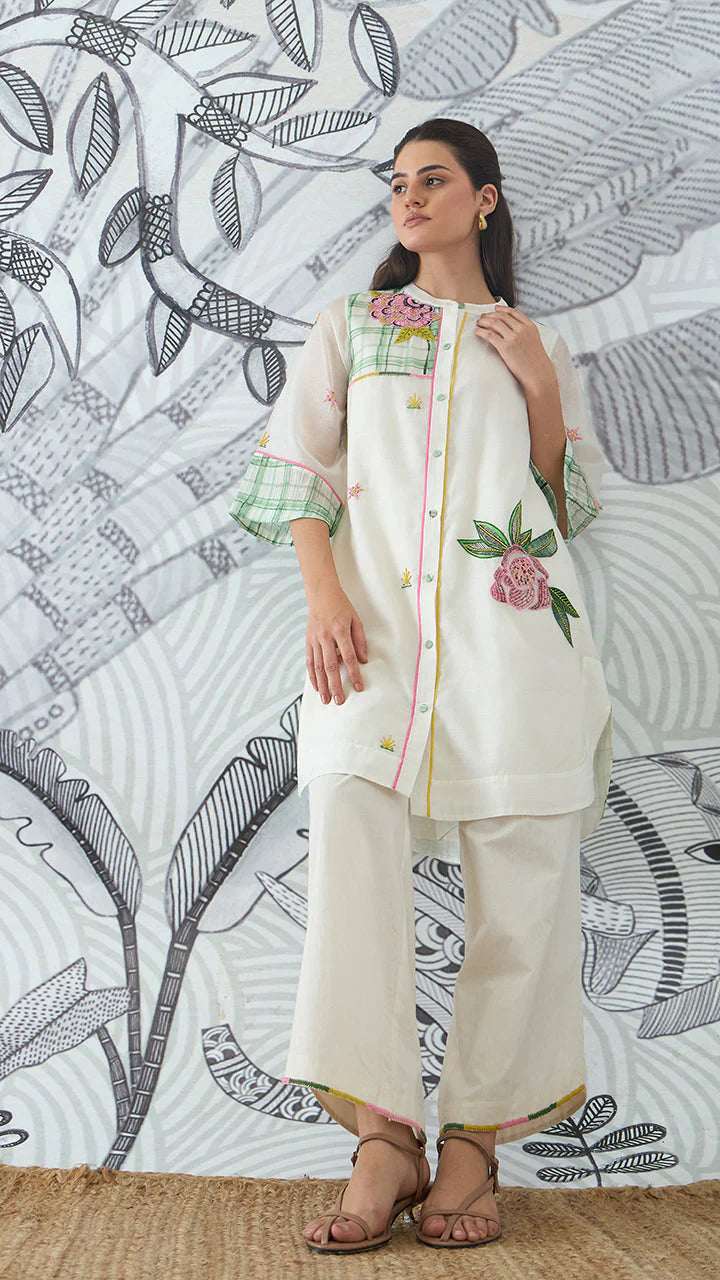 Green Check Embroidery Short Tunic and Pants