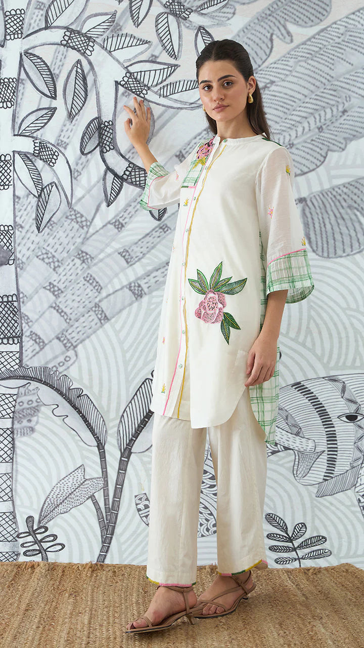 Green Check Embroidery Short Tunic and Pants