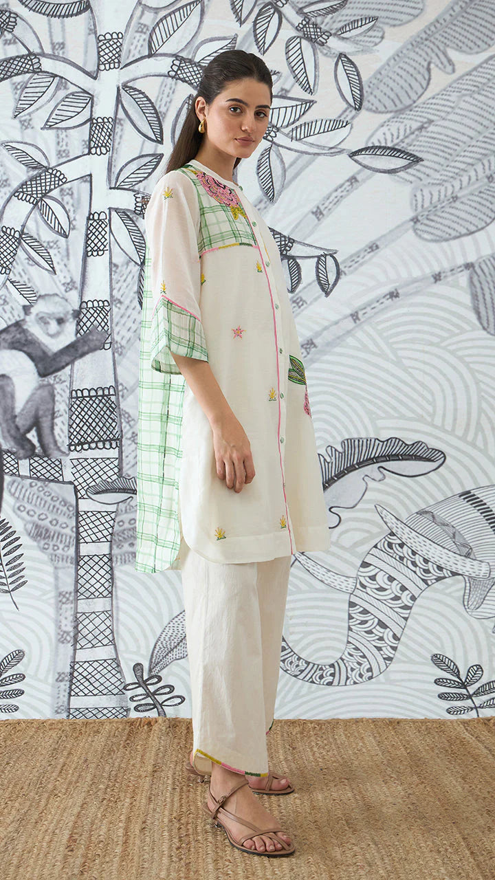 Green Check Embroidery Short Tunic and Pants