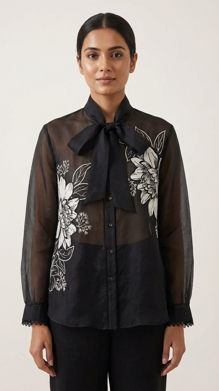 Women’s Sheer Organza Front Open Tie-Neck black Shirt