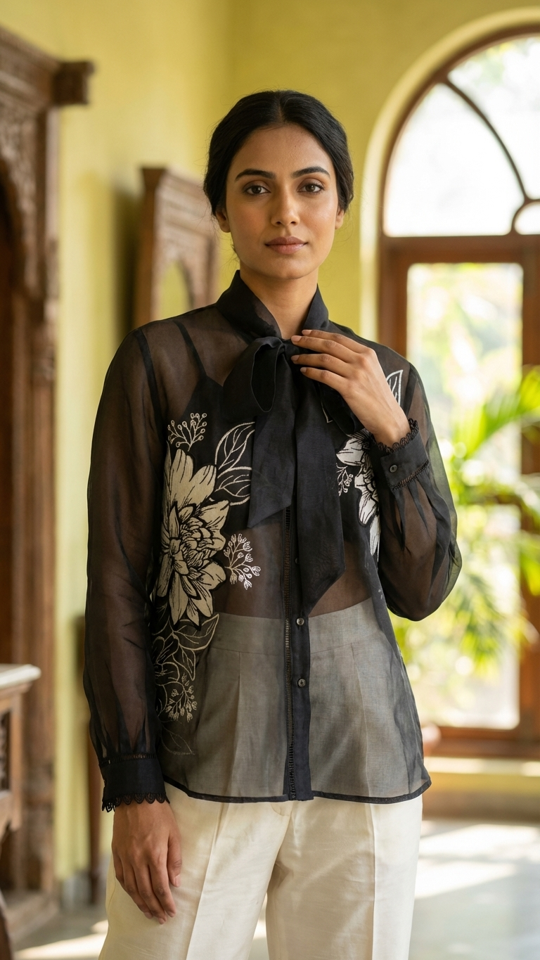 Women’s Sheer Organza Front Open Tie-Neck black Shirt