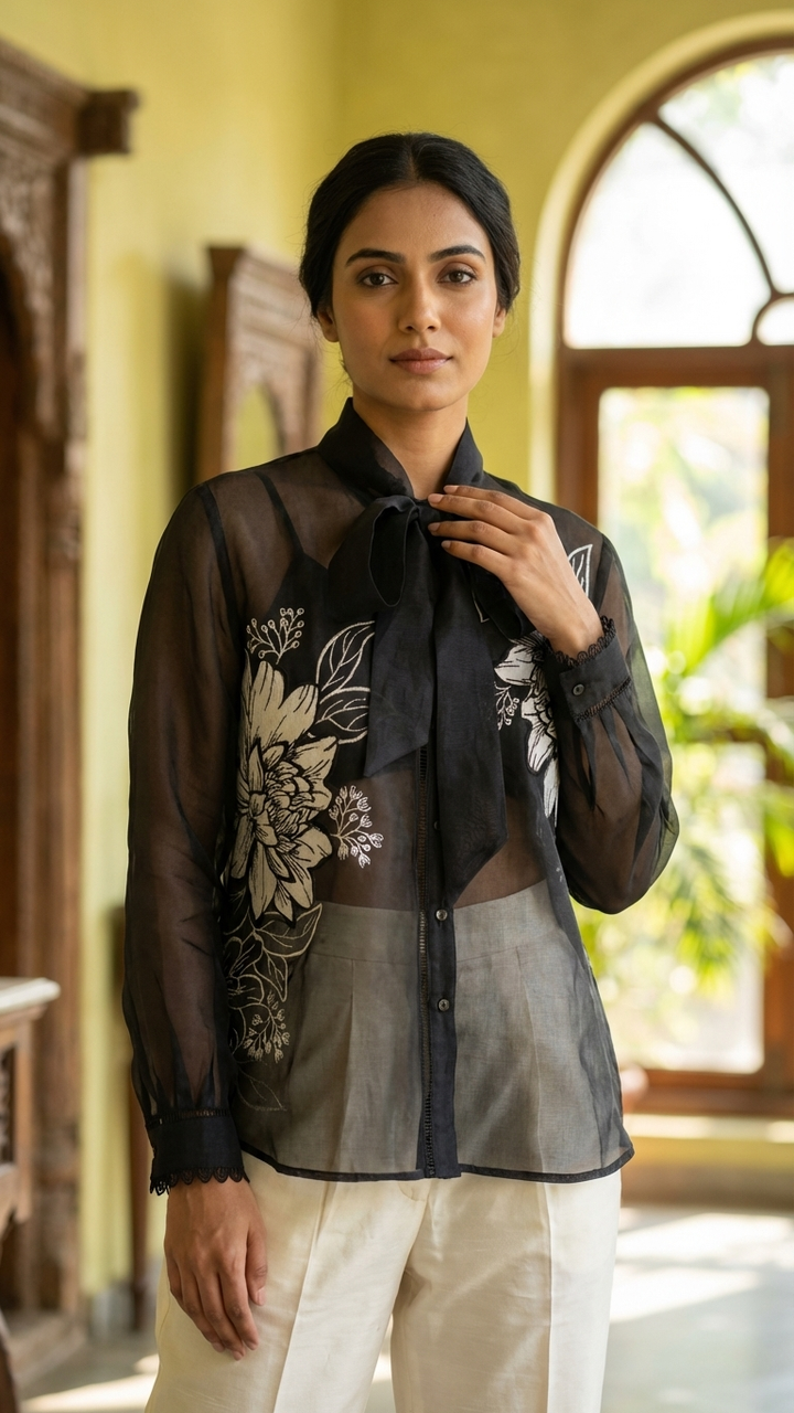 Women’s Sheer Organza Front Open Tie-Neck black Shirt