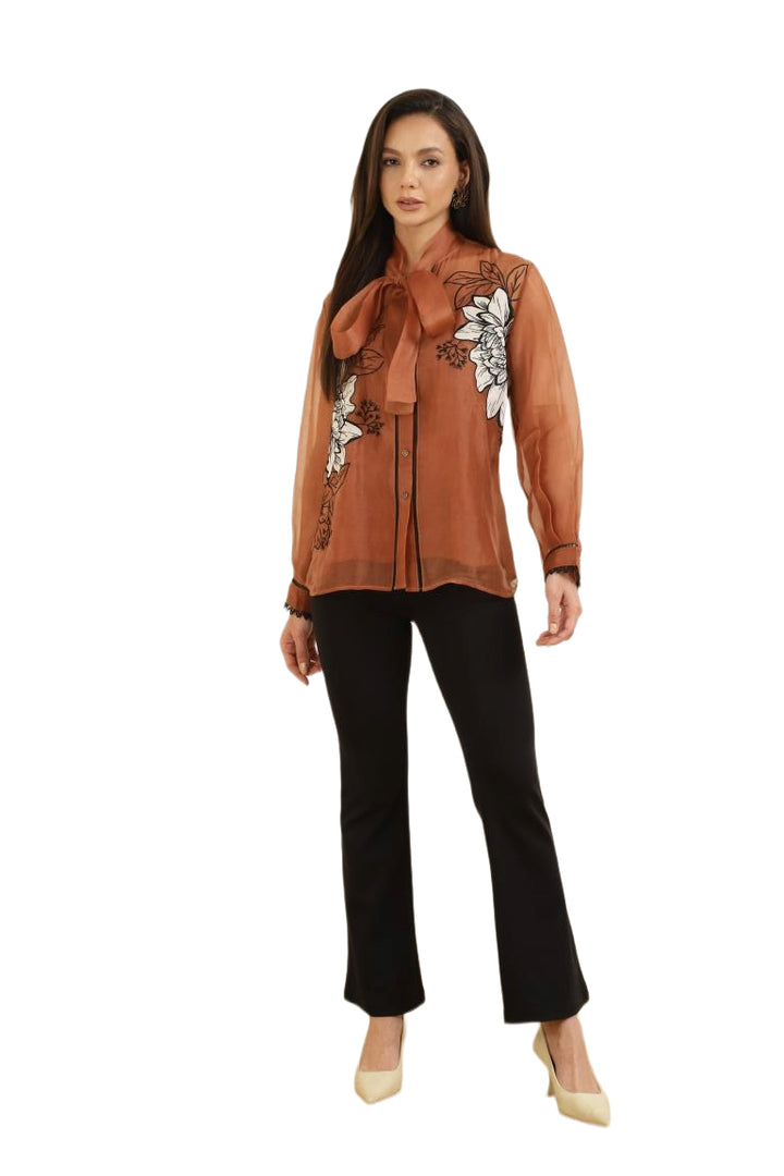 Women’s Sheer Organza Front Open Tie-Neck tan Shirt