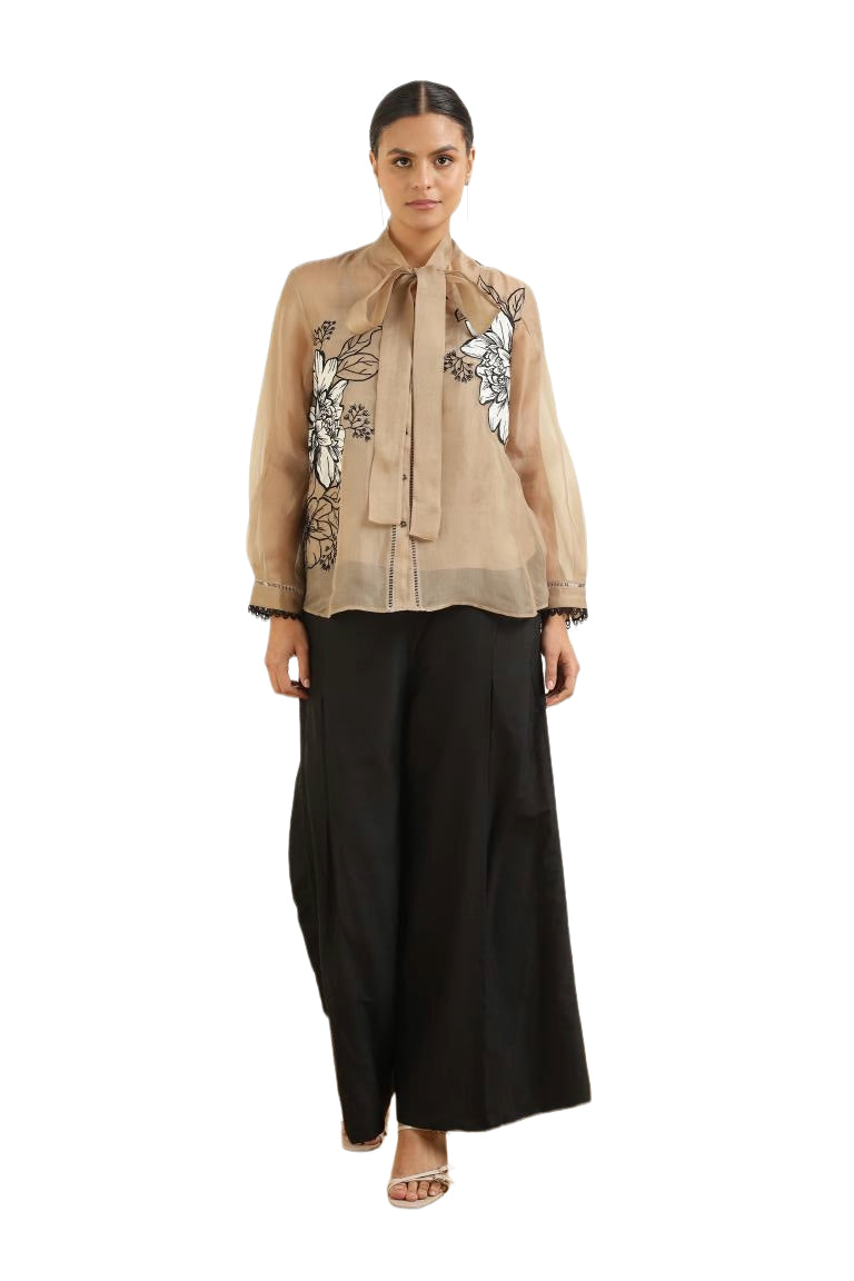 Women’s Sheer Organza Front Open Tie-Neck taupe Shirt