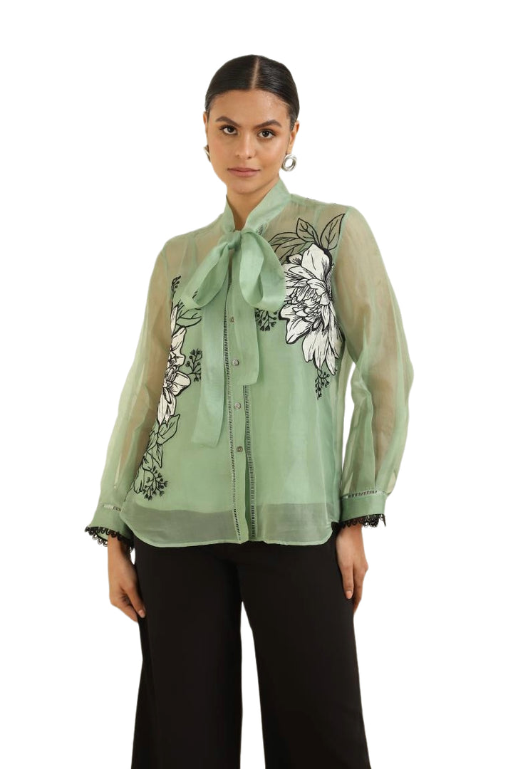 Women’s Sheer Organza Front Open Tie-Neck thyme green Shirt