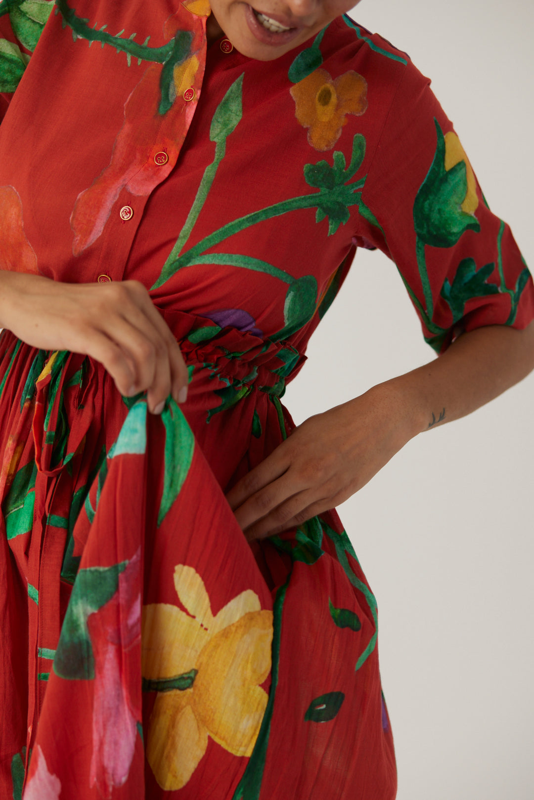 Big Botanical Red Gathered Dress