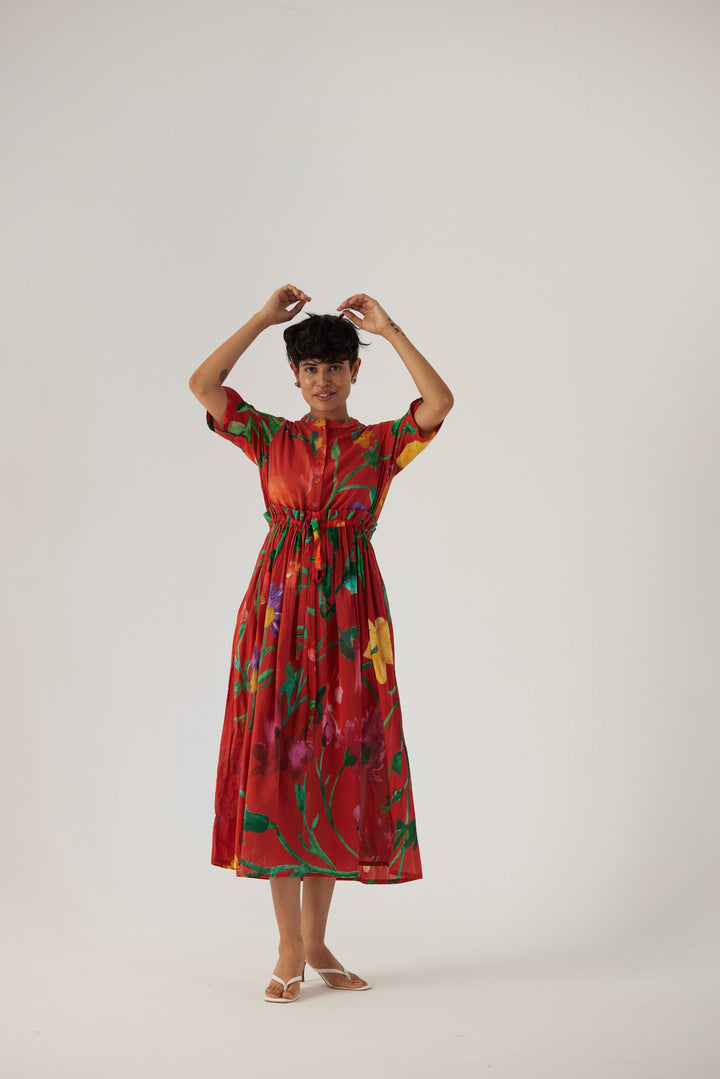 Big Botanical Red Gathered Dress