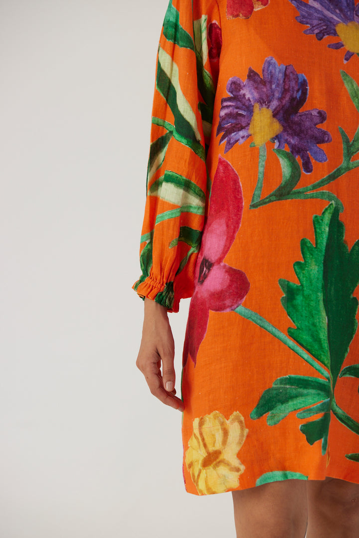 Big Botanical Orange Linen Short Dress