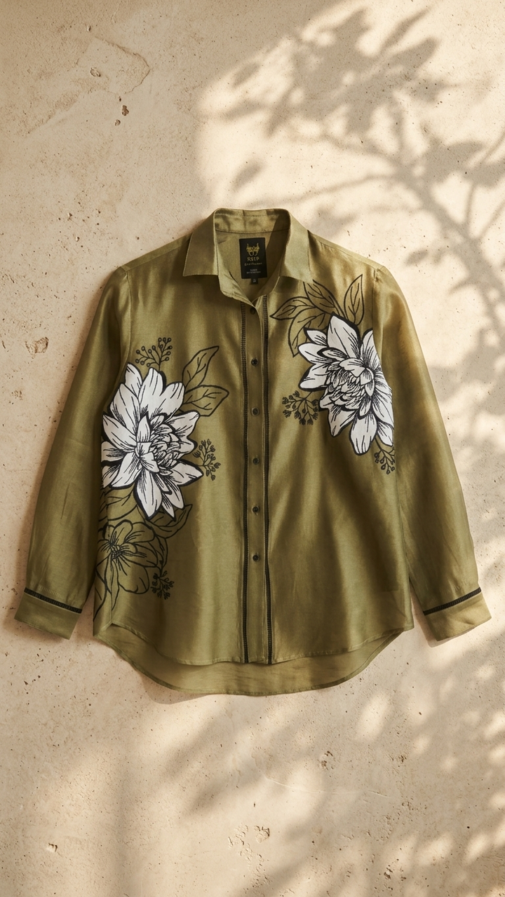Women’s Sheer Organza Front Open Collared olive green Shirt