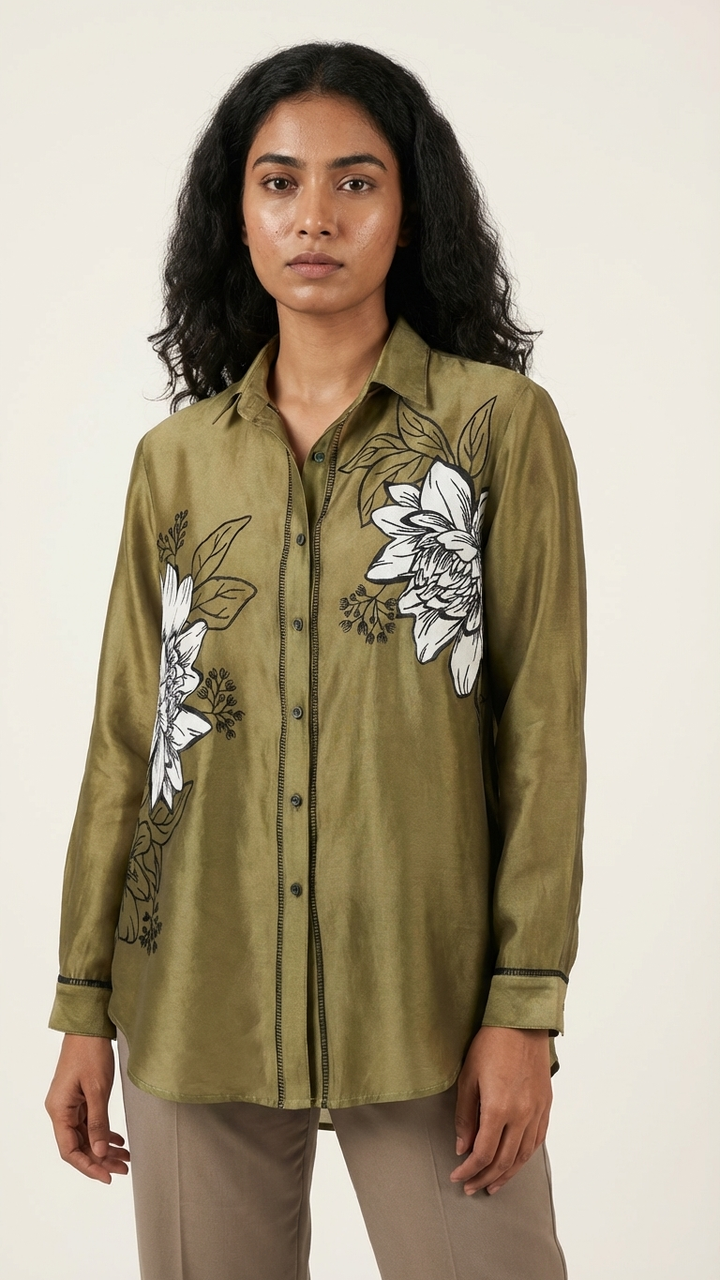 Women’s Sheer Organza Front Open Collared olive green Shirt