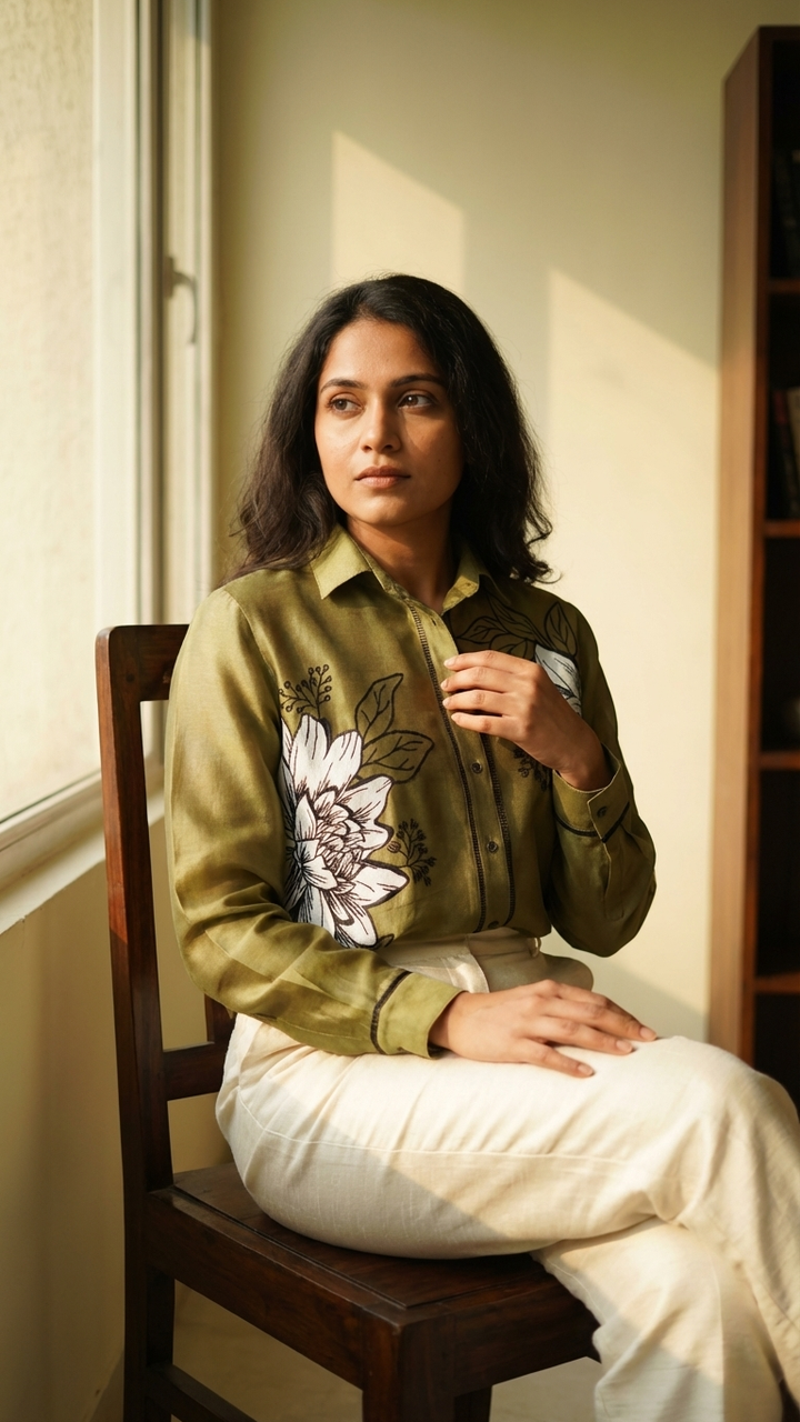 Women’s Sheer Organza Front Open Collared olive green Shirt