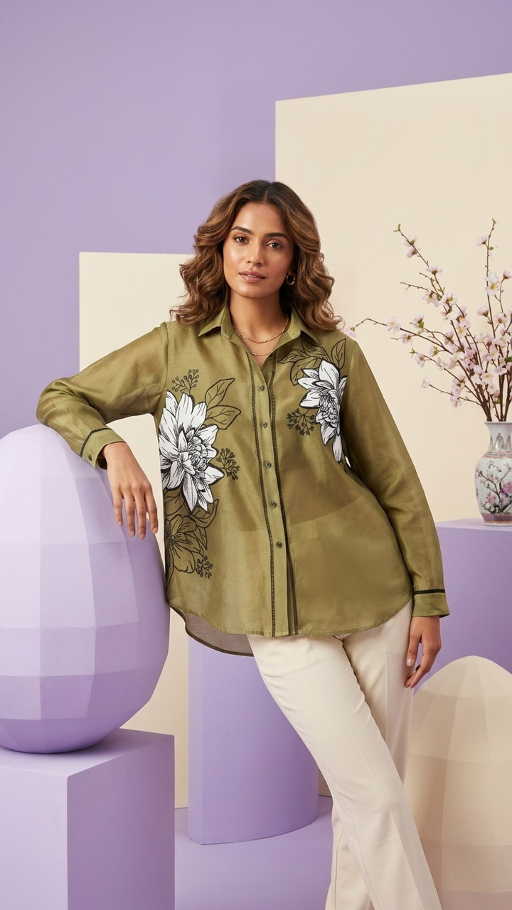 Women’s Sheer Organza Front Open Collared olive green Shirt